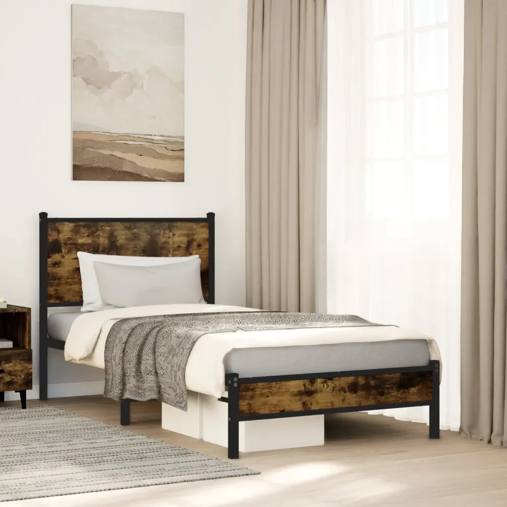 Letto singolo | Letto per adulti | Giroletto senza Materaso in Metallo Rovere Fumo 90x200 cm - Image 2