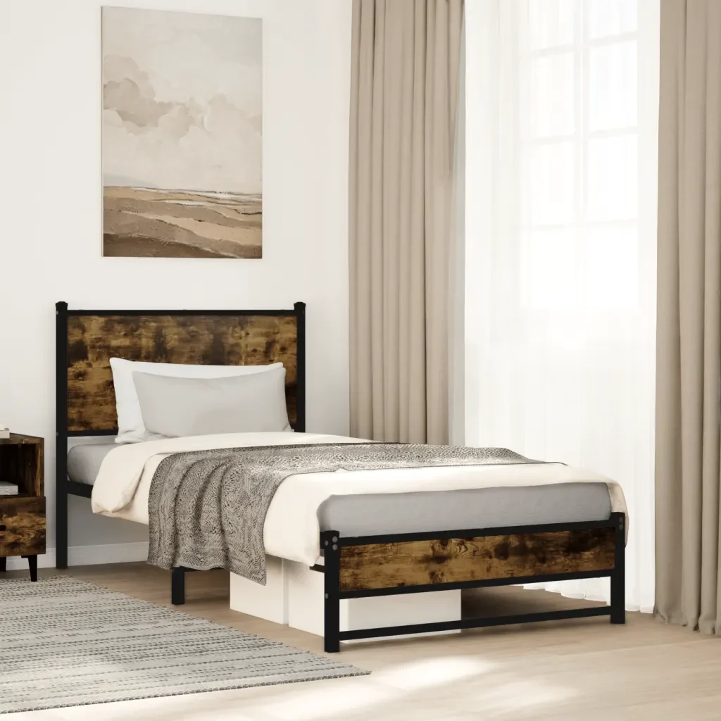 Letto singolo | Letto per adulti | Giroletto senza Materaso in Metallo Rovere Fumo 90x200 cm - Image 2