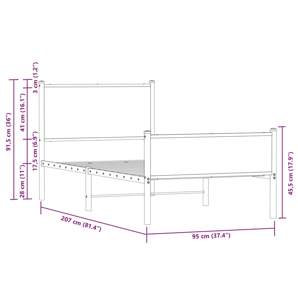 Letto singolo | Letto per adulti | Giroletto senza Materaso in Metallo Rovere Fumo 90x200 cm - Image 10