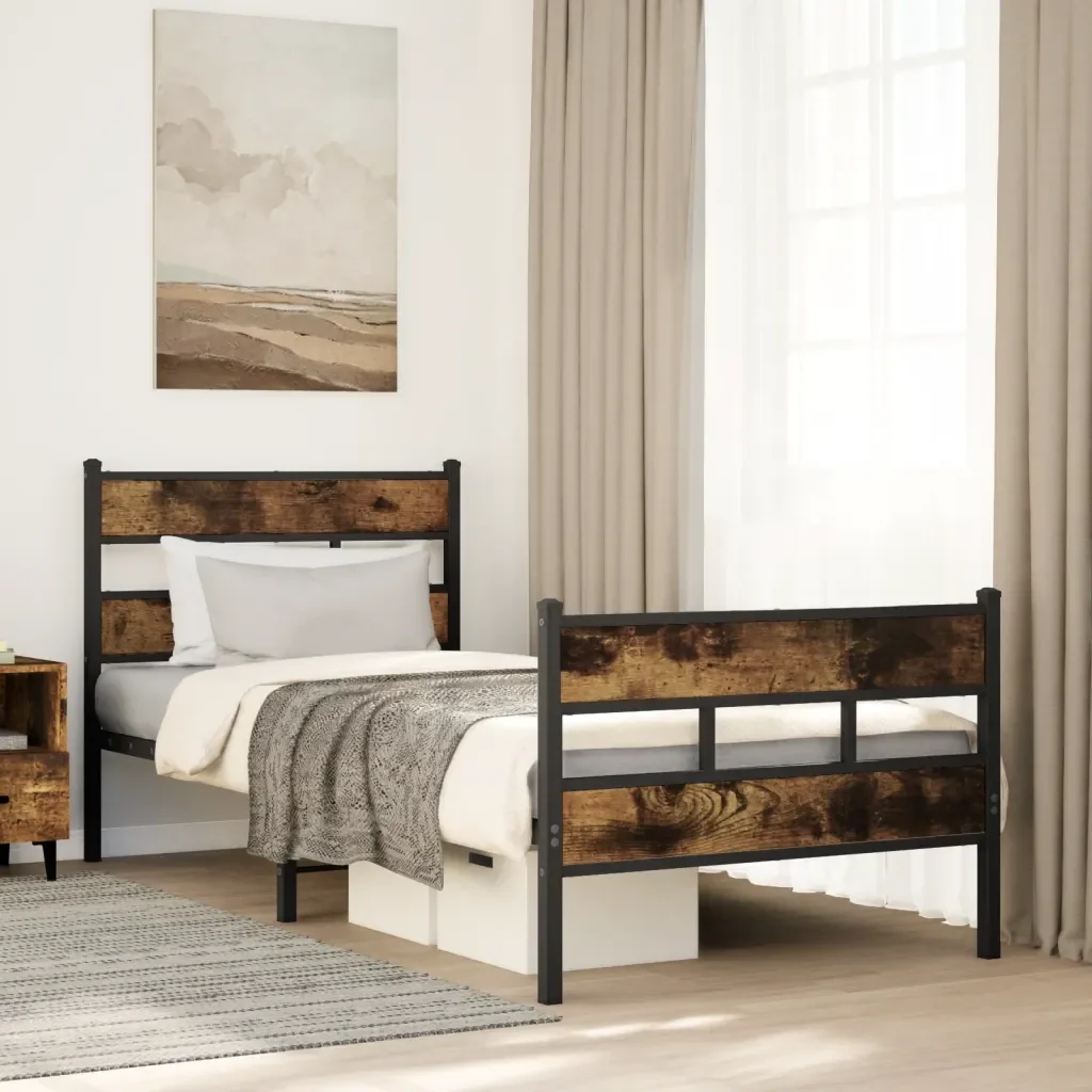 Letto singolo | Letto per adulti | Giroletto senza Materaso in Metallo Rovere Fumo 90x200 cm - Image 2