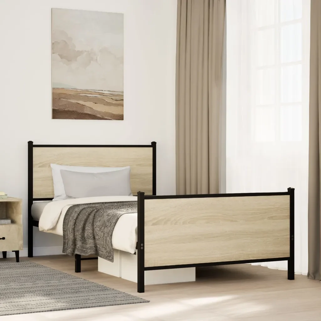 Letto singolo | Letto per adulti | Giroletto senza Materaso in Metallo Rovere Sonoma 100x200 cm - Image 2
