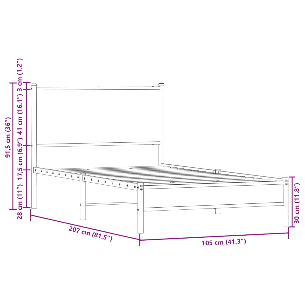 Letto singolo | Letto per adulti | Giroletto senza Materaso in Metallo Rovere Sonoma 100x200 cm - Image 10