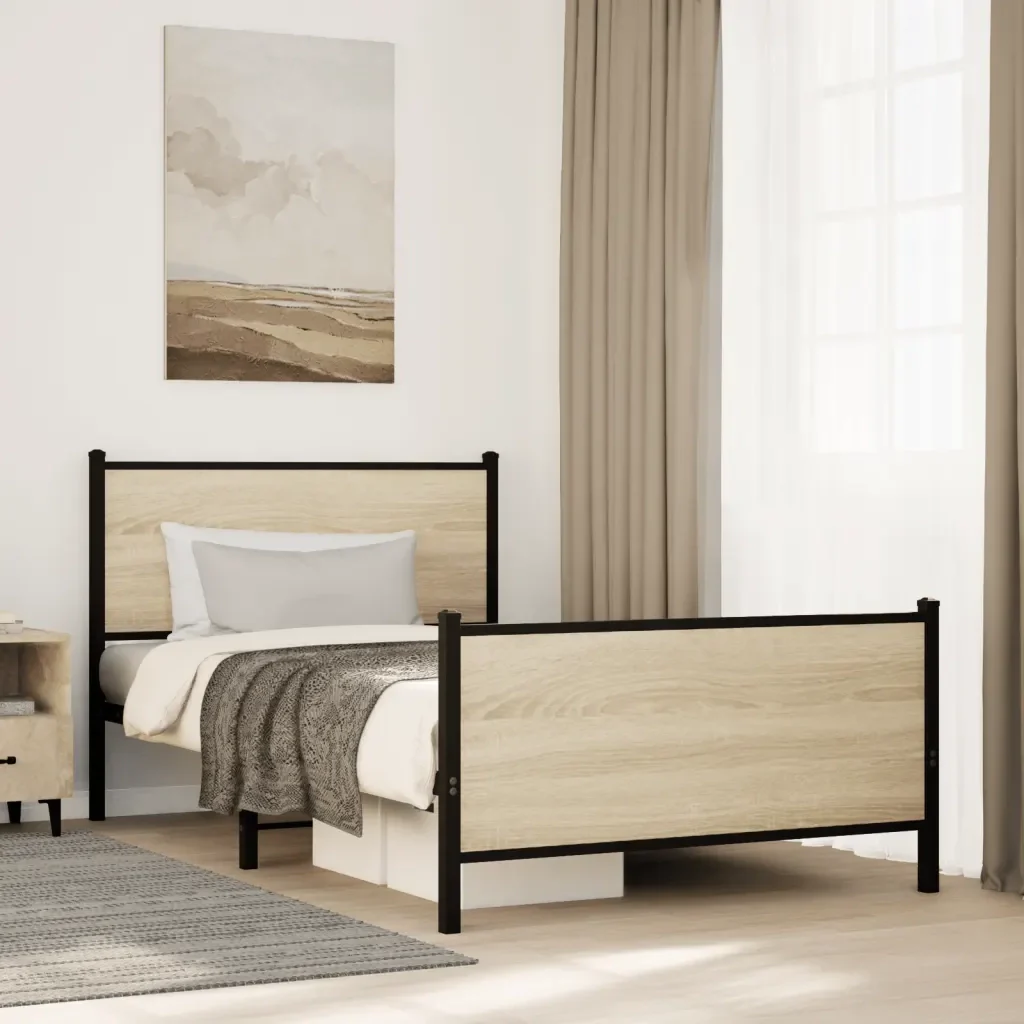 Letto singolo | Letto per adulti | Giroletto senza Materaso in Metallo Rovere Sonoma 107x203 cm - Image 2