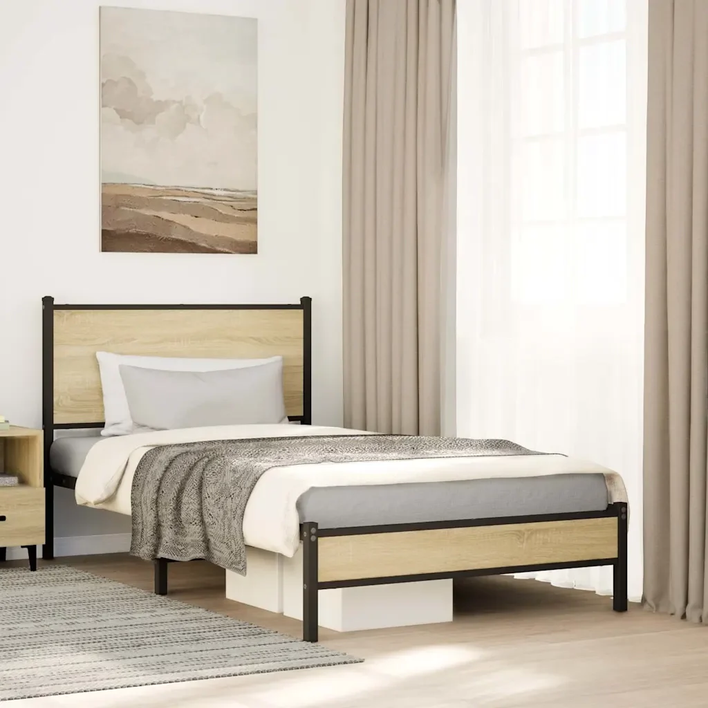 Letto singolo | Letto per adulti | Giroletto senza Materaso in Metallo Rovere Sonoma 107x203 cm - Image 2