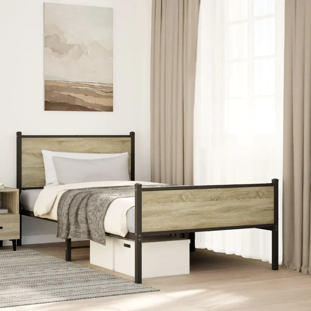 Letto singolo | Letto per adulti | Giroletto senza Materaso in Metallo Rovere Sonoma 107x203 cm - Image 2