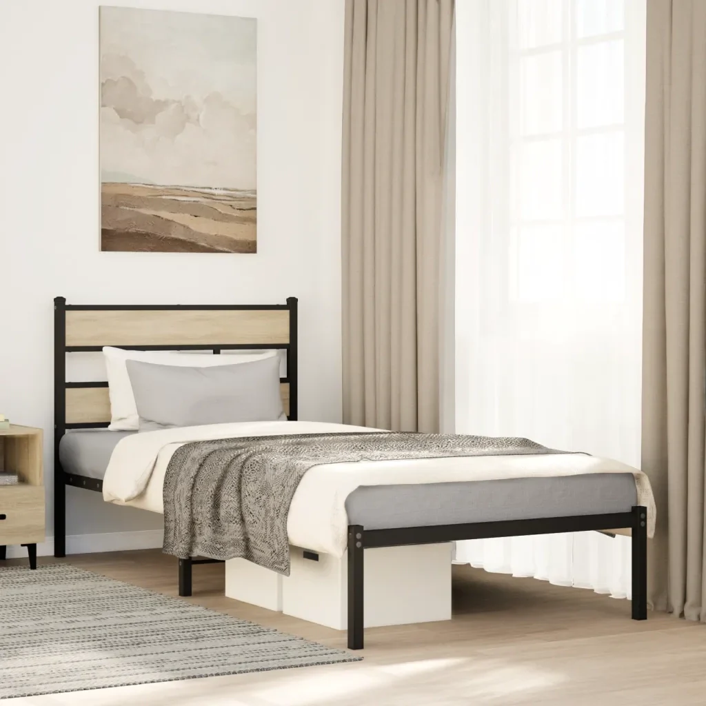 Letto singolo | Letto per adulti | Giroletto senza Materaso in Metallo Rovere Sonoma 107x203 cm - Image 2