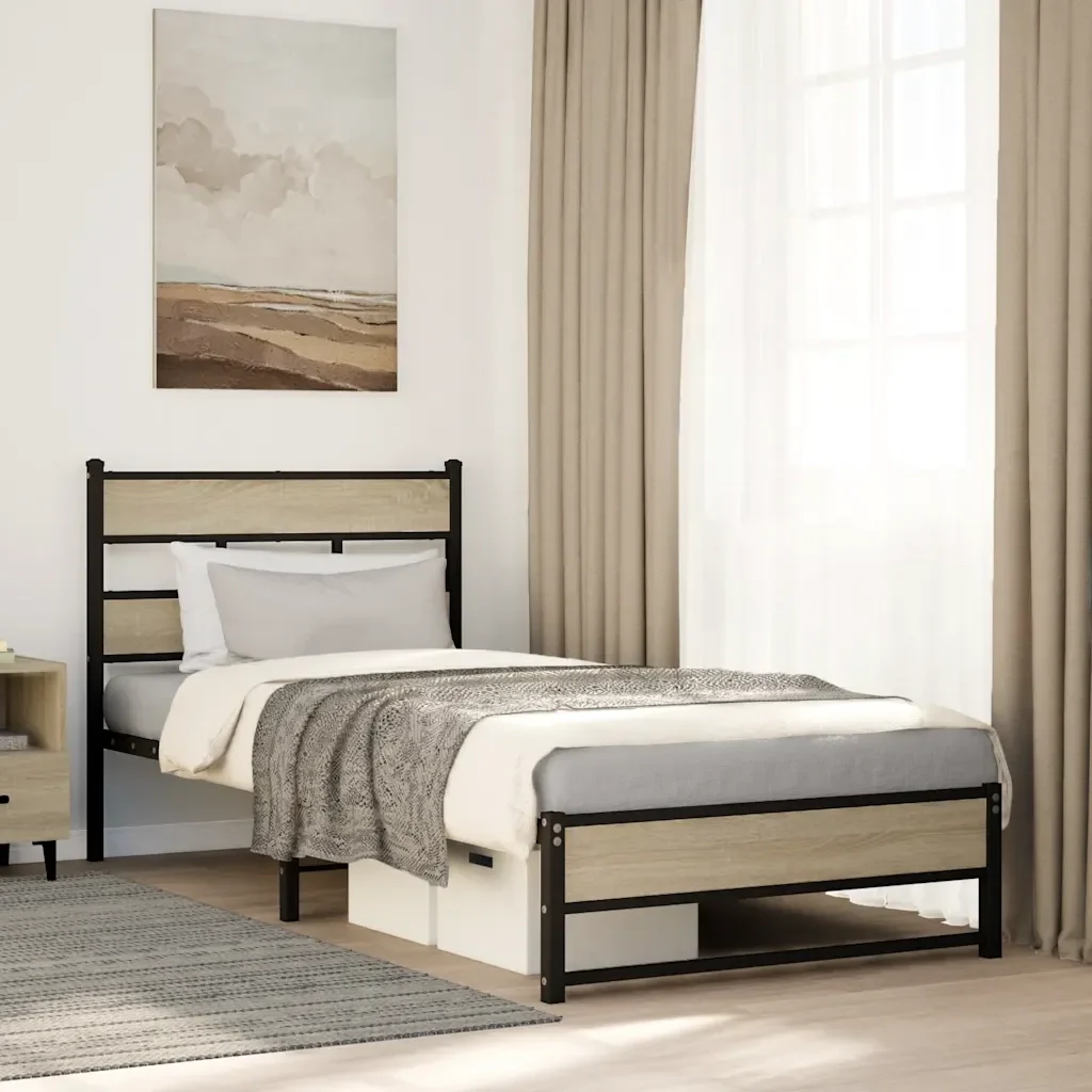 Letto singolo | Letto per adulti | Giroletto senza Materaso in Metallo Rovere Sonoma 80x200 cm - Image 2