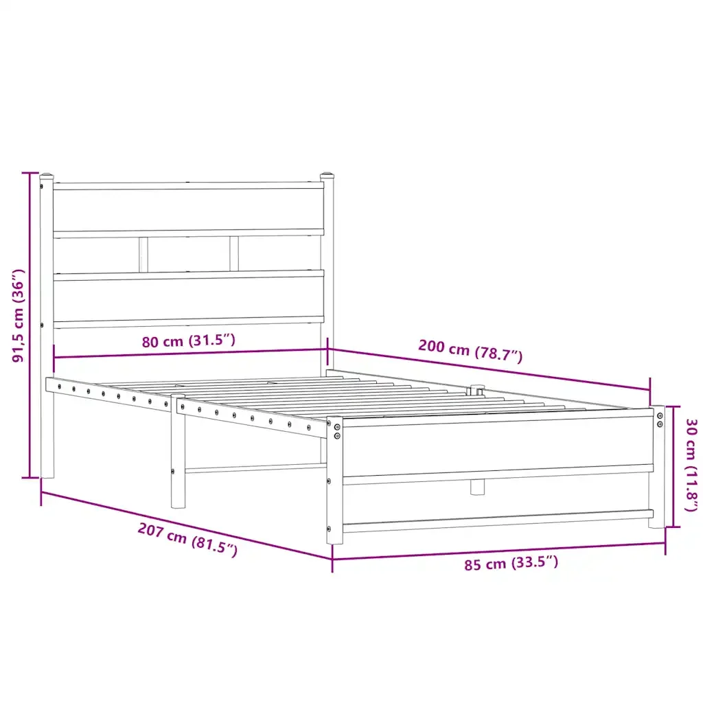 Letto singolo | Letto per adulti | Giroletto senza Materaso in Metallo Rovere Sonoma 80x200 cm - Image 9