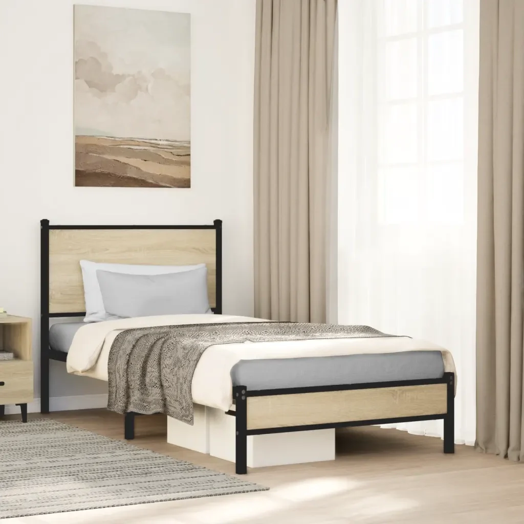 Letto singolo | Letto per adulti | Giroletto senza Materaso in Metallo Rovere Sonoma 80x200 cm - Image 2
