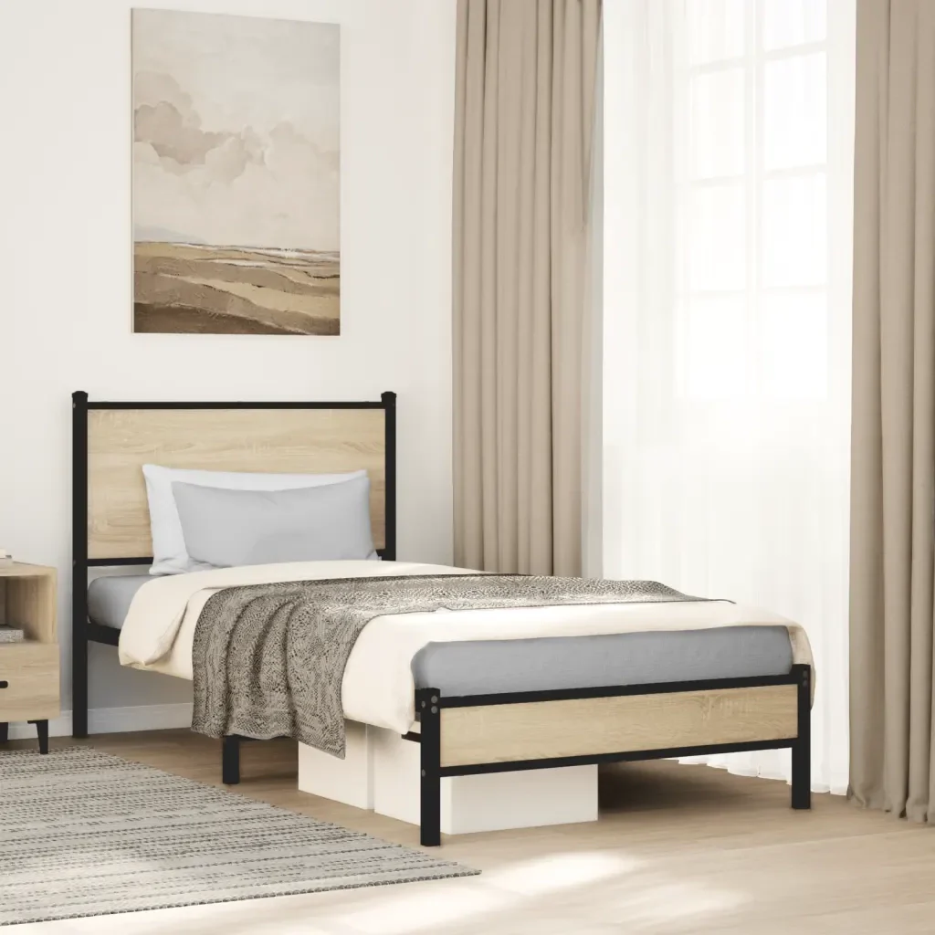 Letto singolo | Letto per adulti | Giroletto senza Materaso in Metallo Rovere Sonoma 90x190 cm - Image 2