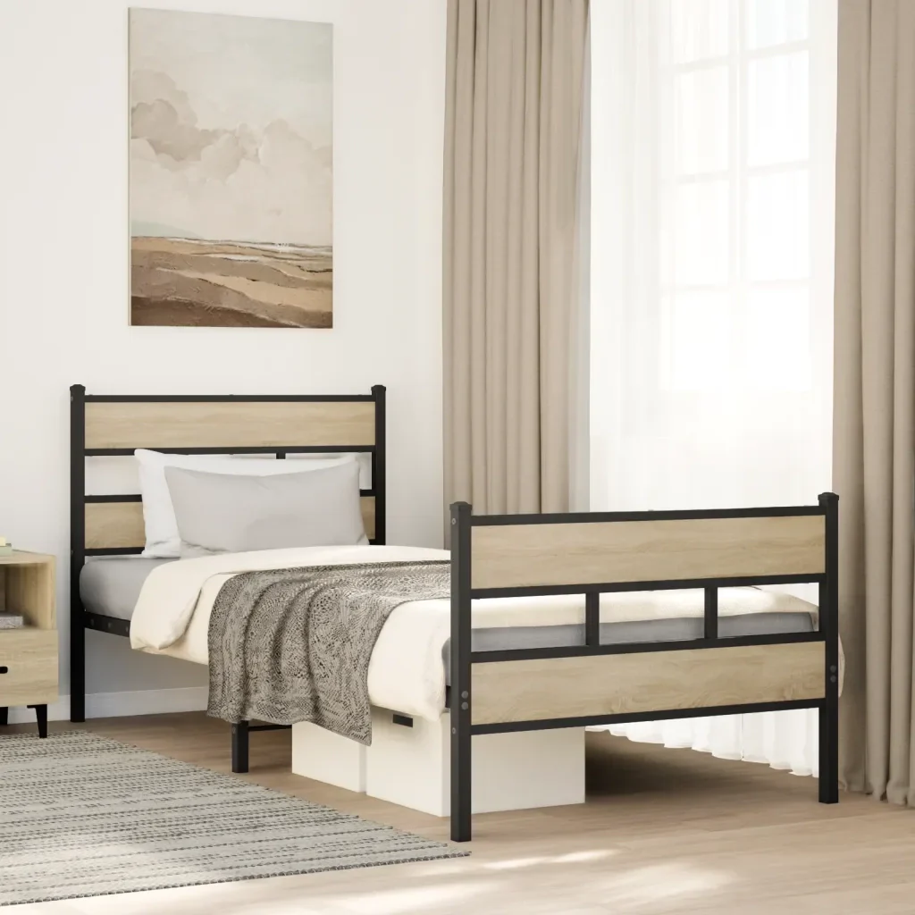 Letto singolo | Letto per adulti | Giroletto senza Materaso in Metallo Rovere Sonoma 90x190 cm - Image 2
