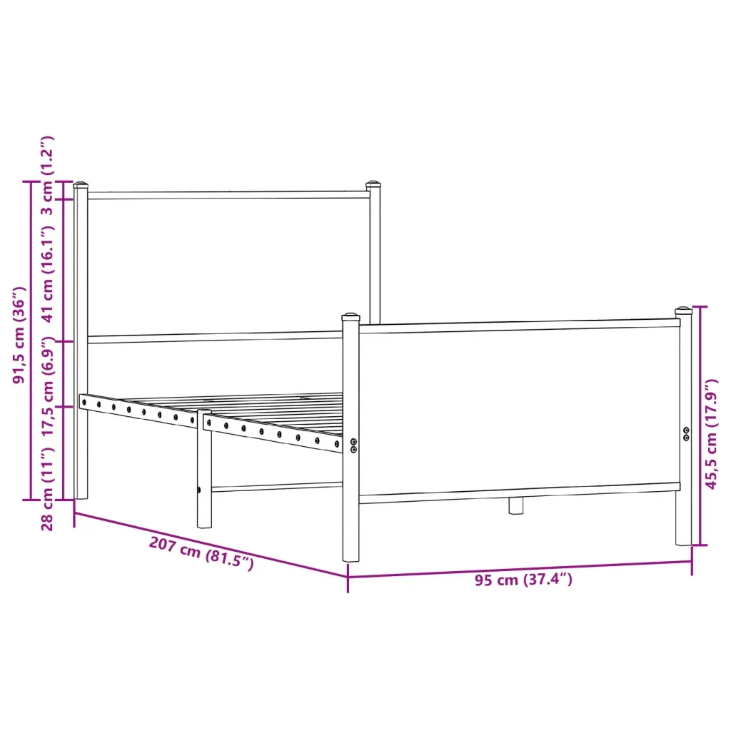 Letto singolo | Letto per adulti | Giroletto senza Materaso in Metallo Rovere Sonoma 90x200 cm - Image 10