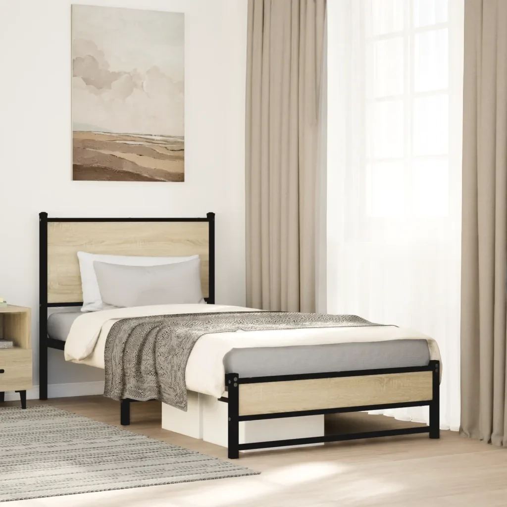 Letto singolo | Letto per adulti | Giroletto senza Materaso in Metallo Rovere Sonoma 90x200 cm - Image 2