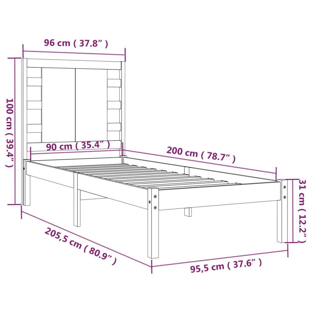 Letto singolo | Letto per adulti | Giroletto senza Materasso 90x200 cm in Legno Massello di Pino - Image 6