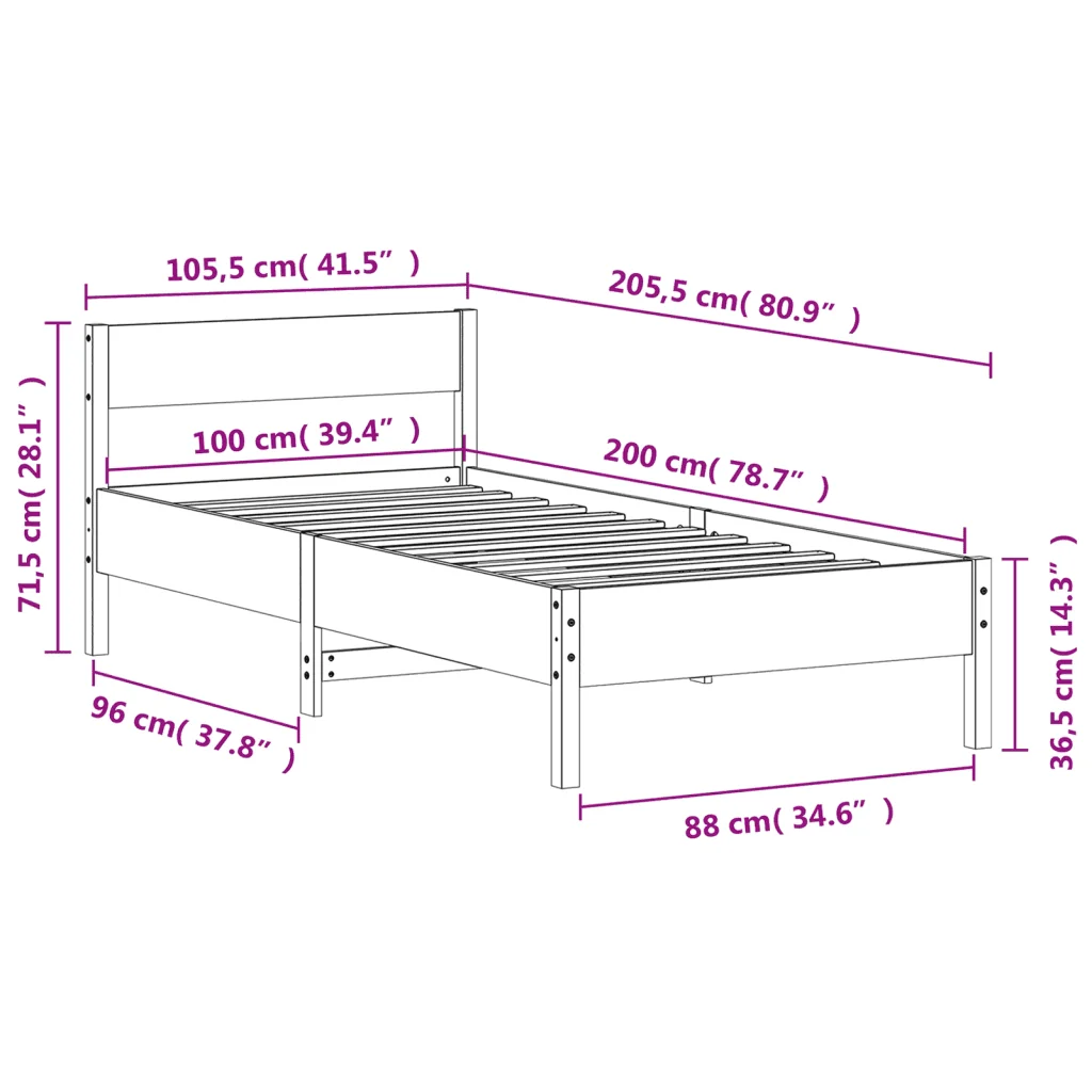 Letto singolo | Letto per adulti | Giroletto senza Materasso Bianco 100x200 cm Legno Massello Pino - Image 9