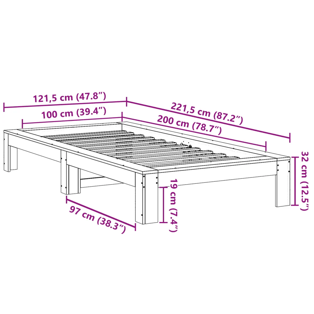 Letto singolo | Letto per adulti | Giroletto senza Materasso Bianco 100x200 cm Legno Massello Pino - Image 8