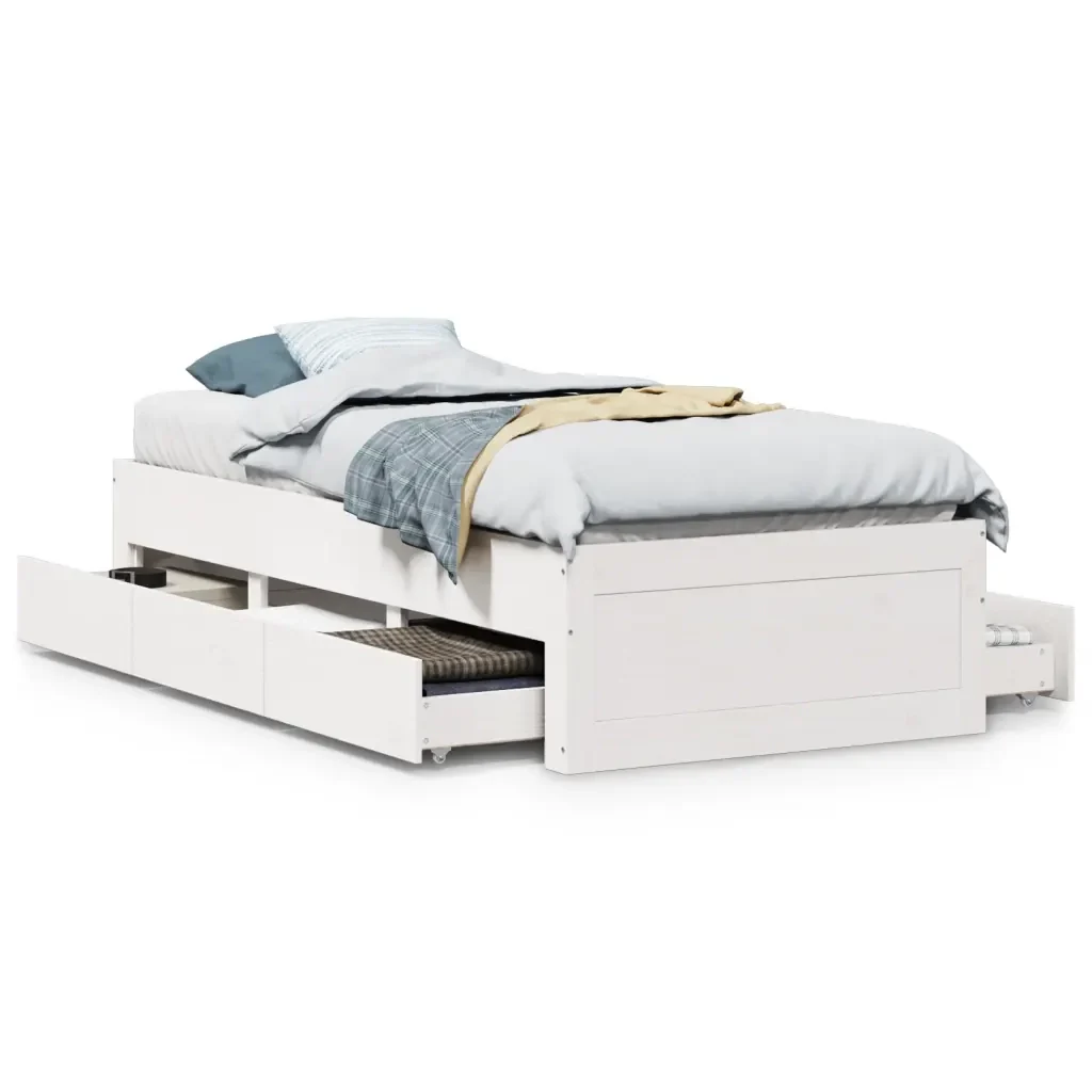 Letto singolo | Letto per adulti | Giroletto senza Materasso con Cassetti Bianco 75x190 cm Pino