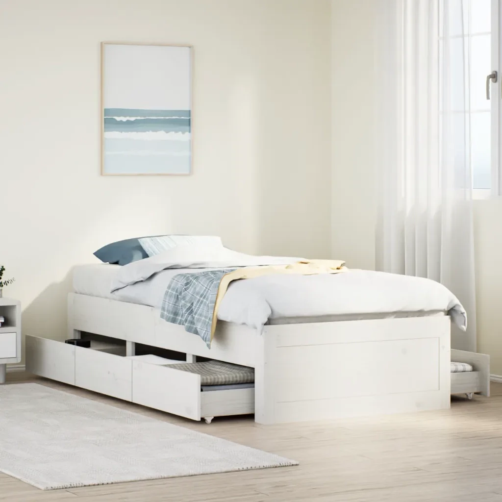 Letto singolo | Letto per adulti | Giroletto senza Materasso con Cassetti Bianco 75x190 cm Pino - Image 2