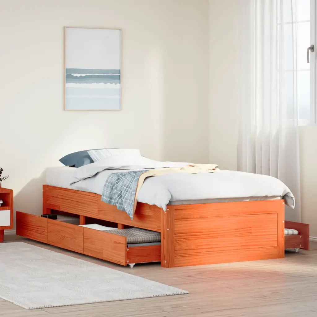 Letto singolo | Letto per adulti | Giroletto senza Materasso con Cassetti Marrone Cera 75x190 cm - Image 2