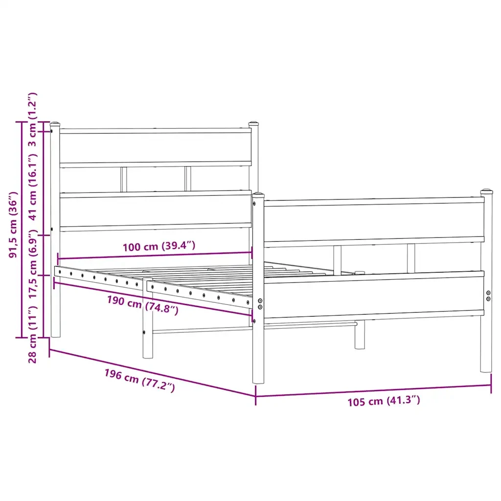 Letto singolo | Letto per adulti | Giroletto senza Materasso con Testiera e Pediera 100x190 cm - Image 9