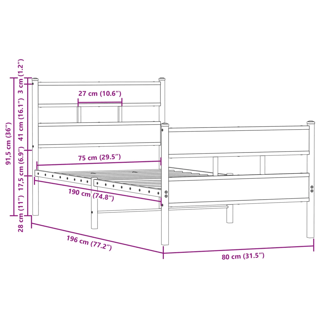 Letto singolo | Letto per adulti | Giroletto senza Materasso con Testiera e Pediera 75x190 cm - Image 9