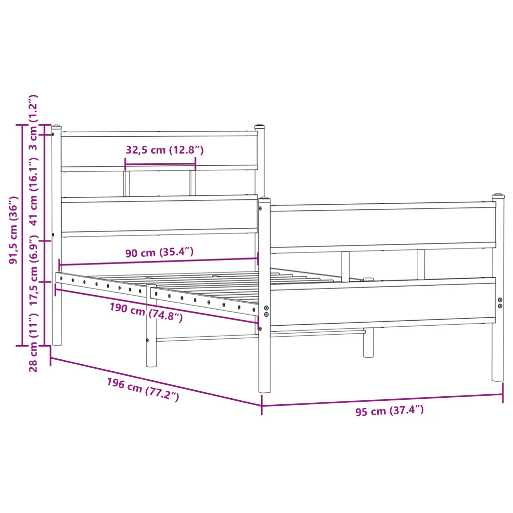 Letto singolo | Letto per adulti | Giroletto senza Materasso con Testiera e Pediera 90x190 cm - Image 9