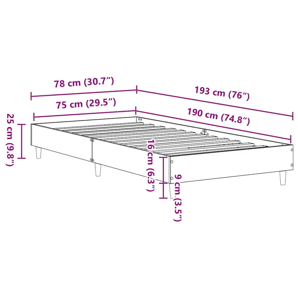 Letto singolo | Letto per adulti | Giroletto senza Materasso Grigio Sonoma 75x190 cm in Truciolato - Image 10