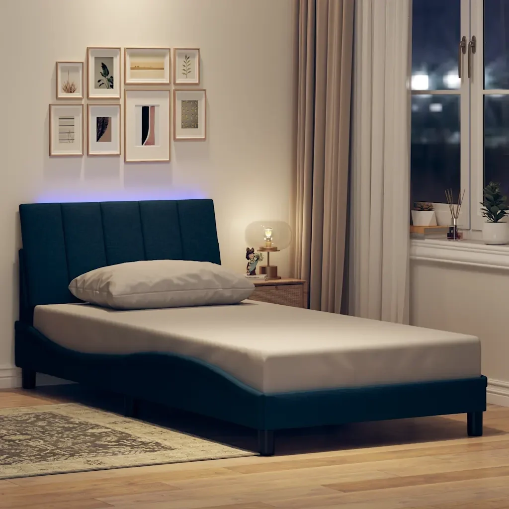 Letto singolo | Letto per adulti | Giroletto senza Materasso Hanko Blu 100x200 cm in Tessuto - Image 2