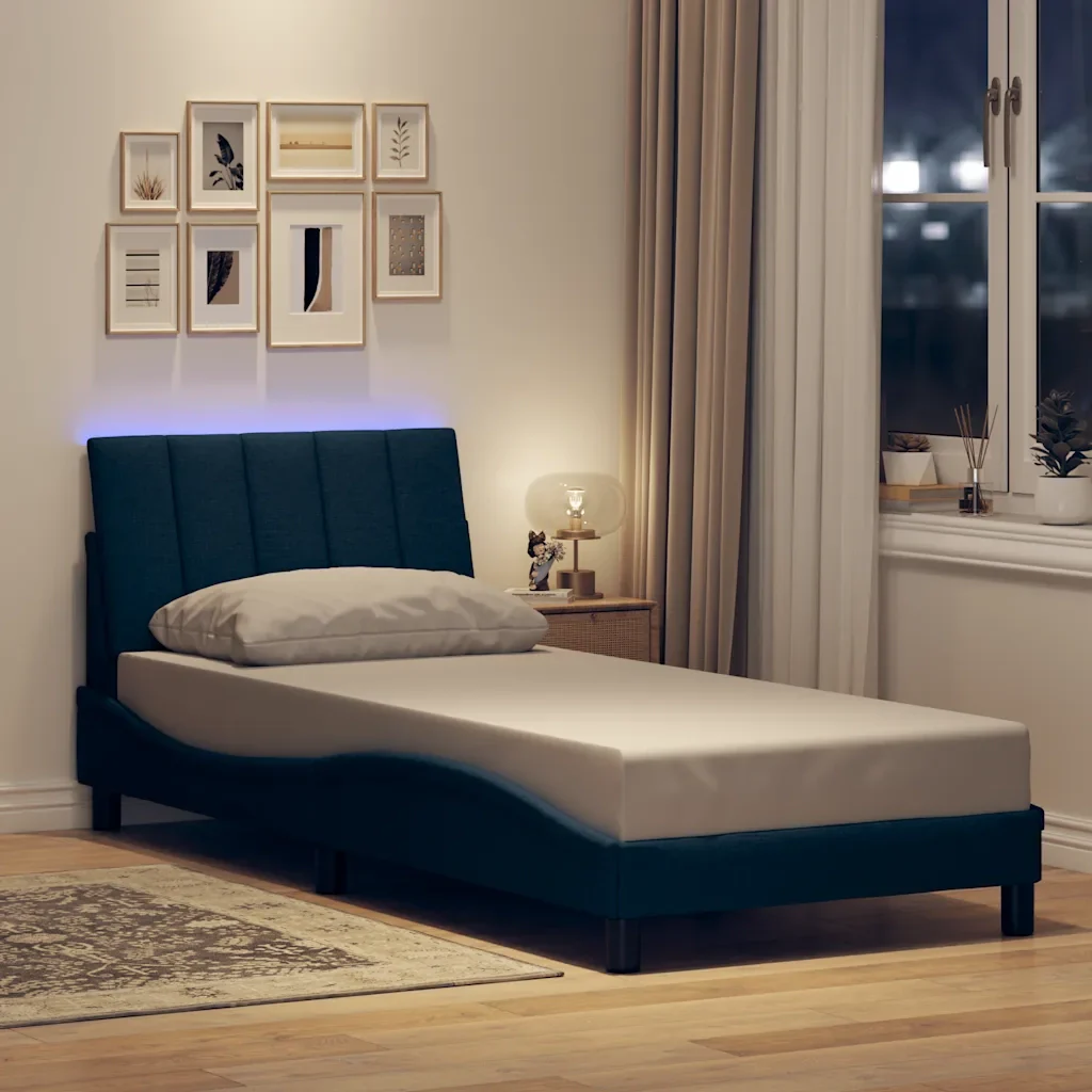 Letto singolo | Letto per adulti | Giroletto senza Materasso Hanko Blu 90x200 cm in Tessuto - Image 2