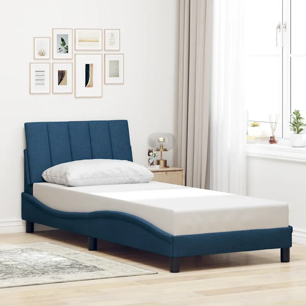Letto singolo | Letto per adulti | Giroletto senza Materasso Hanko Blu 90x200 cm in Tessuto - Image 2