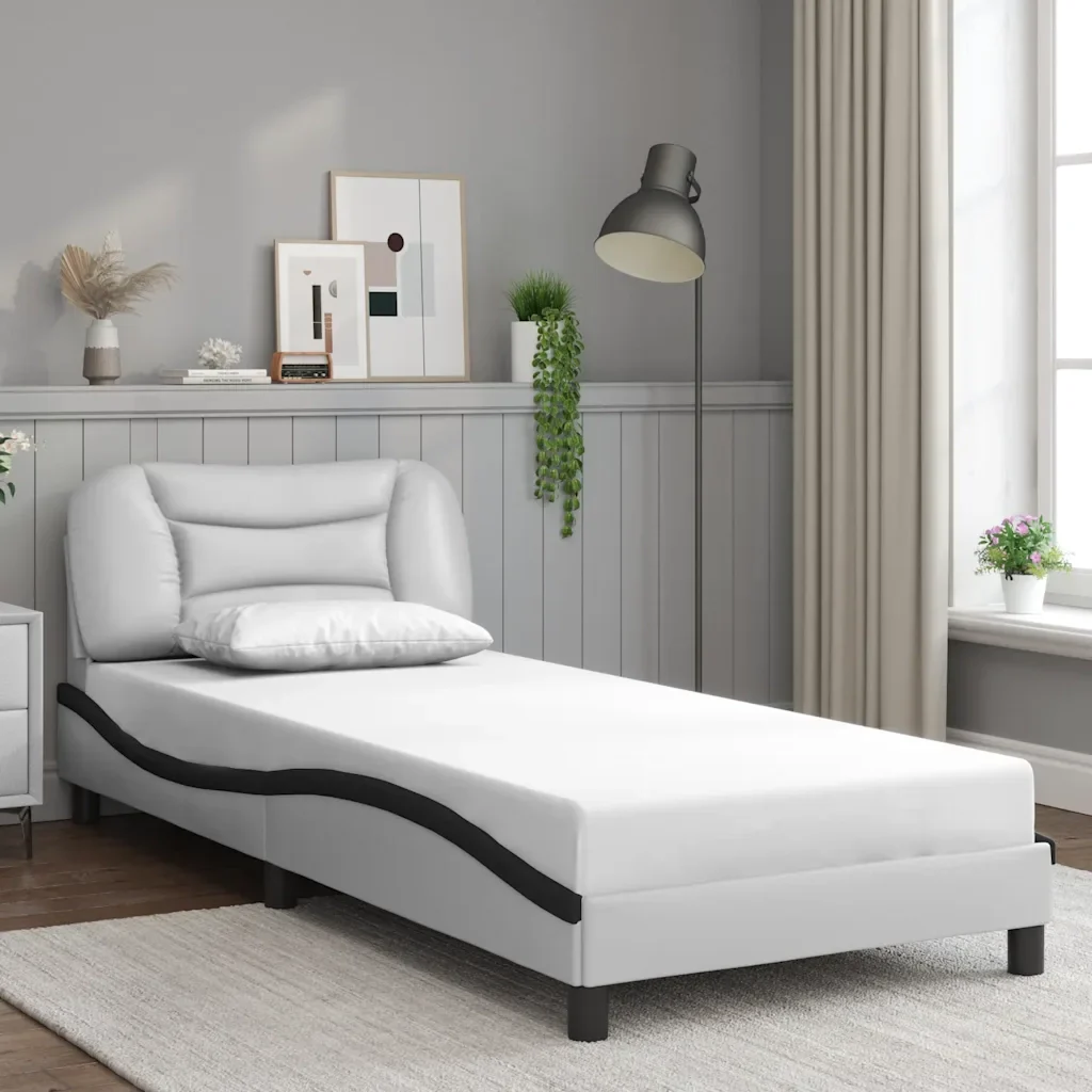 Letto singolo | Letto per adulti | Giroletto senza Materasso Hvar Bianco e Nero 80x200 cm in Similpelle - Image 2