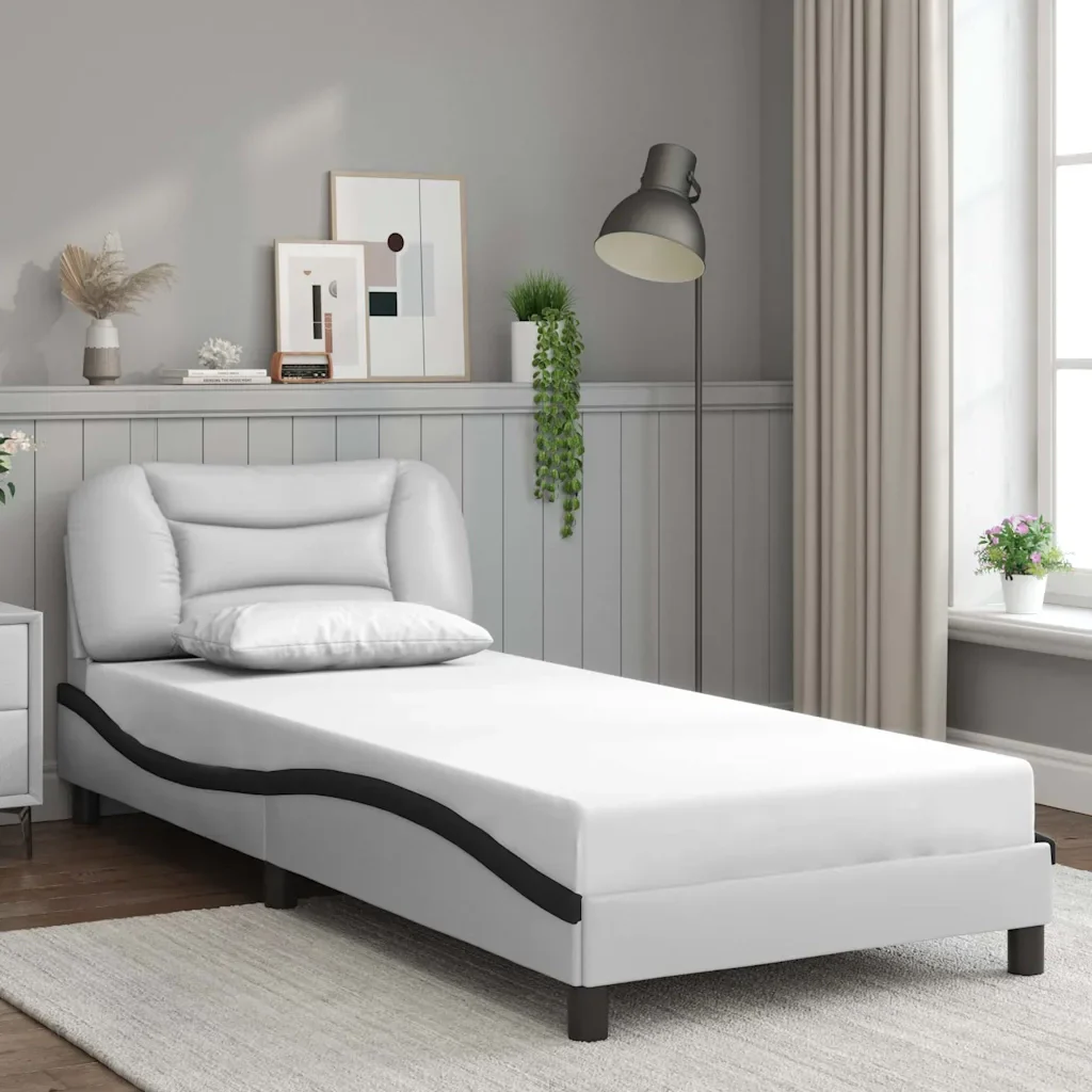 Letto singolo | Letto per adulti | Giroletto senza Materasso Hvar Bianco e Nero 90x200 cm in Similpelle - Image 2