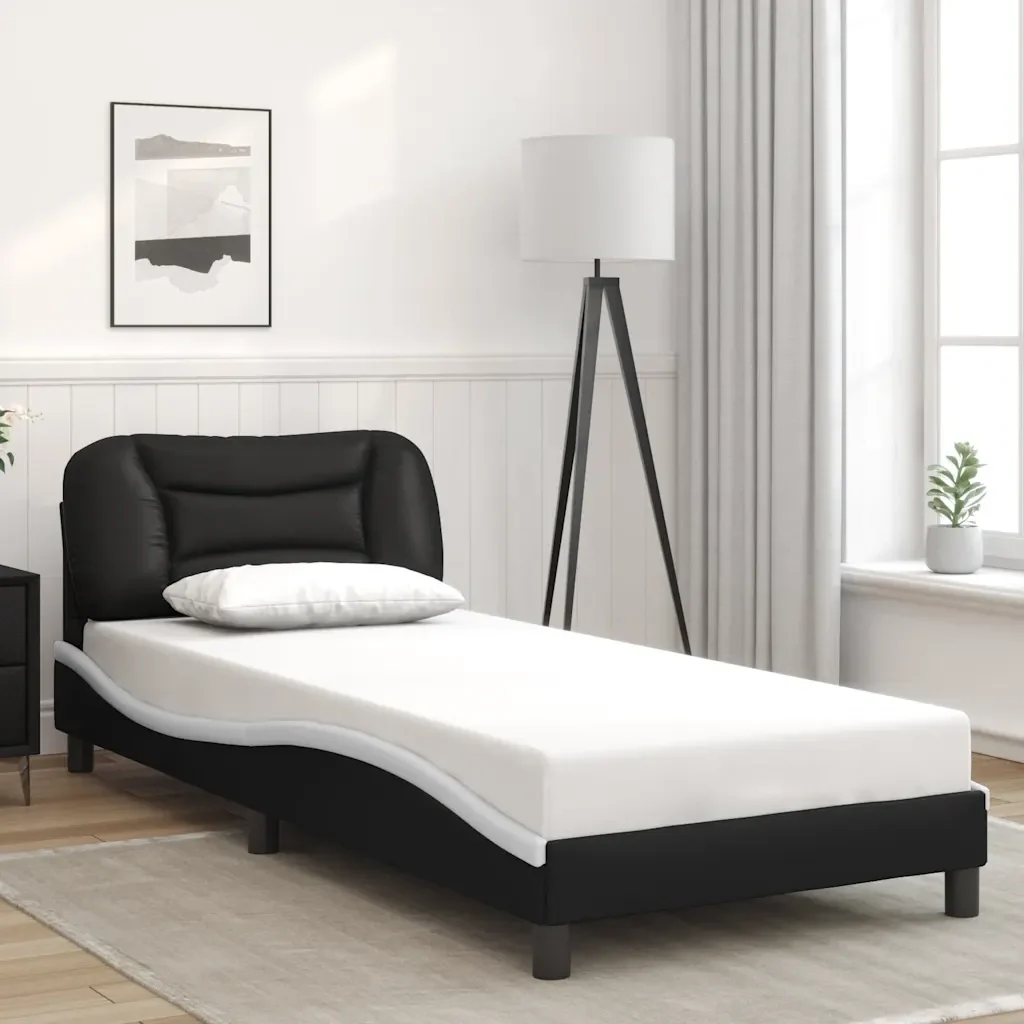 Letto singolo | Letto per adulti | Giroletto senza Materasso Hvar Nero e Bianco 80x200 cm in Similpelle - Image 2