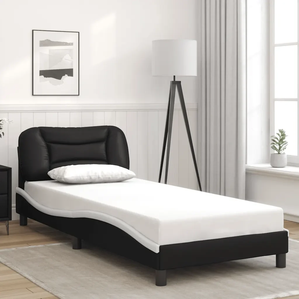Letto singolo | Letto per adulti | Giroletto senza Materasso Hvar Nero e Bianco 90x190 cm in Similpelle - Image 2