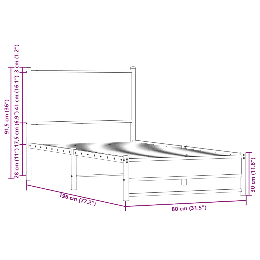 Letto singolo | Letto per adulti | Giroletto senza Materasso in Metallo Rovere Fumo 75x190 cm - Image 10