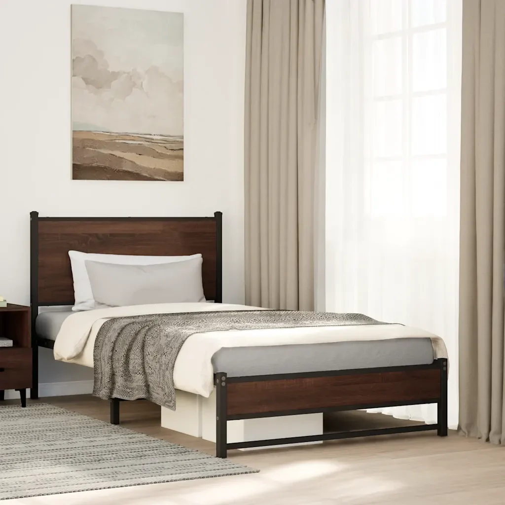 Letto singolo | Letto per adulti | Giroletto senza Materasso in Metallo Rovere Marrone 100x200 cm - Image 2