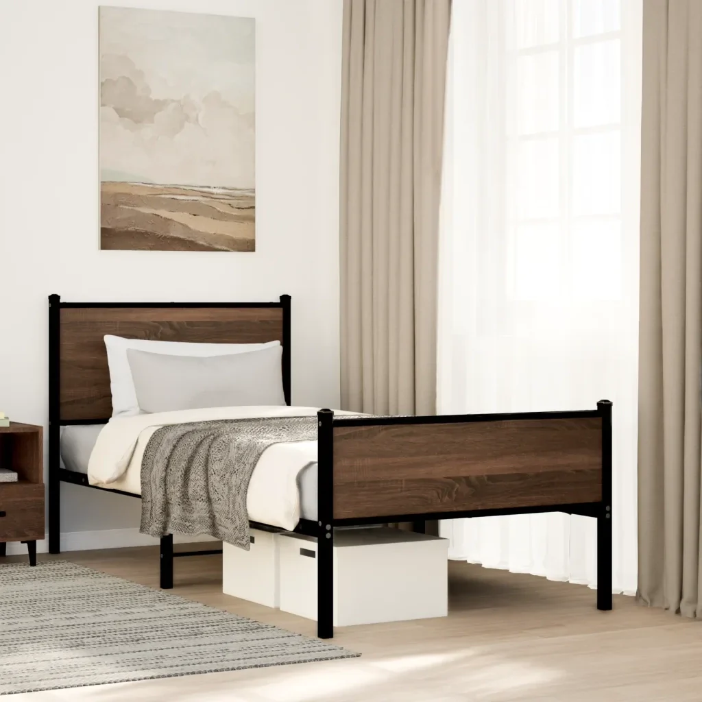 Letto singolo | Letto per adulti | Giroletto senza Materasso in Metallo Rovere Marrone 75x190 cm - Image 2