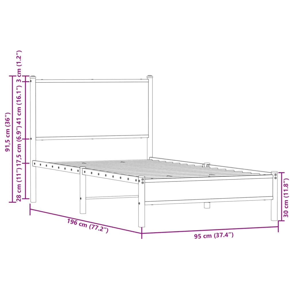 Letto singolo | Letto per adulti | Giroletto senza Materasso in Metallo Rovere Marrone 90x190 cm - Image 10