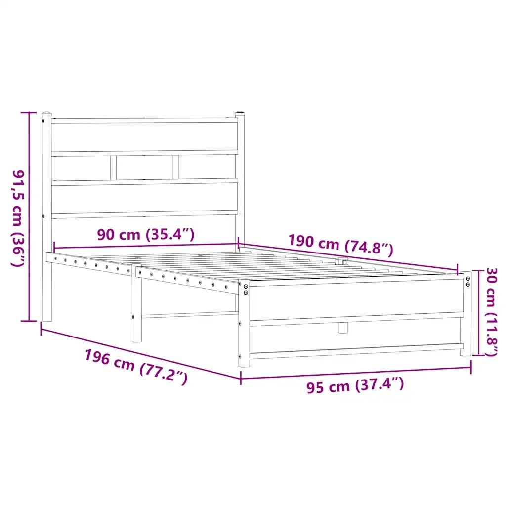 Letto singolo | Letto per adulti | Giroletto senza Materasso in Metallo Rovere Marrone 90x190 cm - Image 9