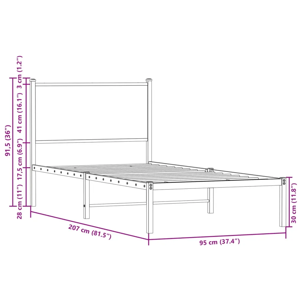 Letto singolo | Letto per adulti | Giroletto senza Materasso in Metallo Rovere Marrone 90x200 cm - Image 10