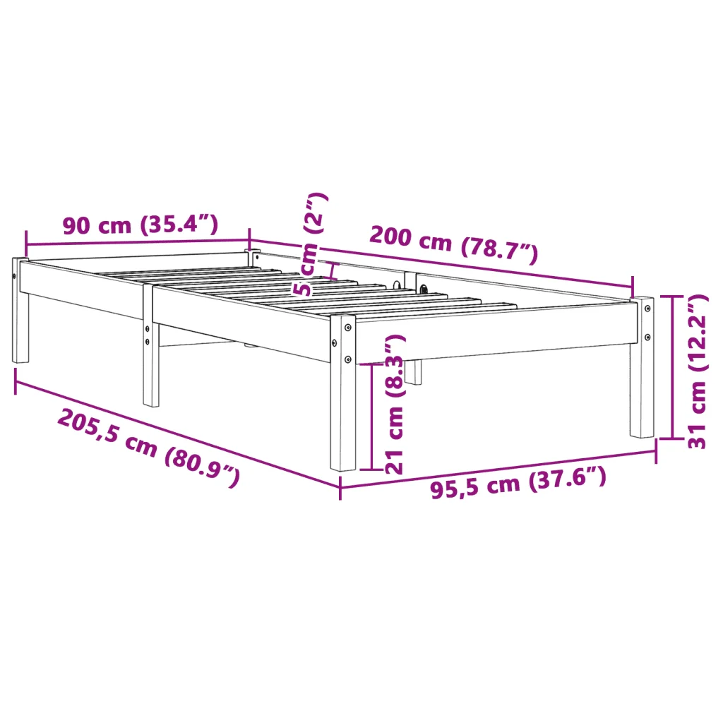 Letto singolo | Letto per adulti | Giroletto senza Materasso Marrone Cera 90x200 cm Massello Pino - Image 8