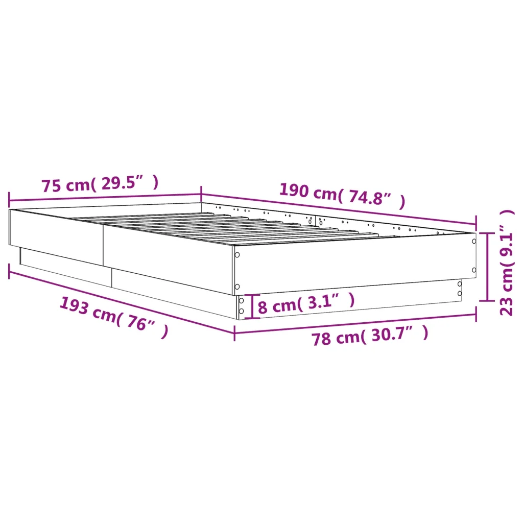 Letto singolo | Letto per adulti | Giroletto senza Materasso Rovere Fumo 75x190 cm in Truciolato - Image 9
