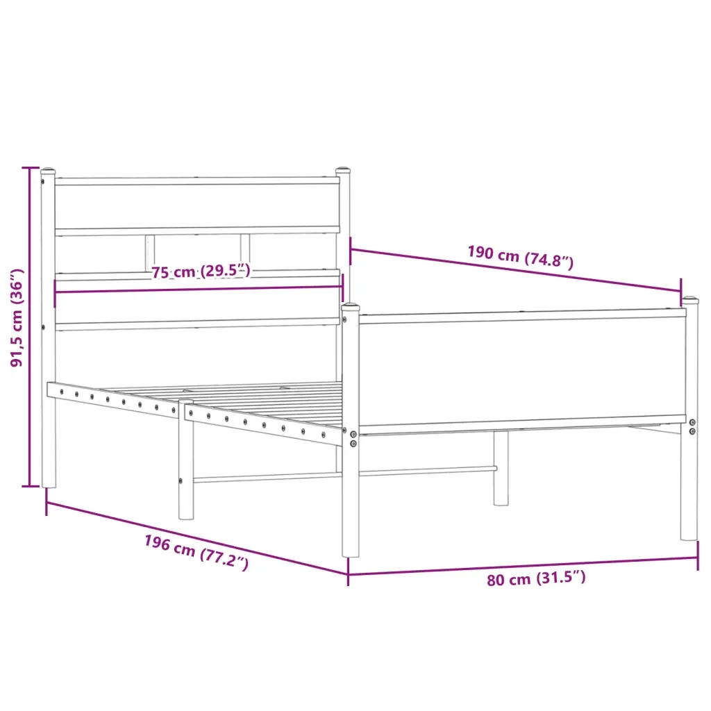Letto singolo | Letto per adulti | Giroletto senza Materasso Rovere Fumo 75x190 cm in Truciolato - Image 9