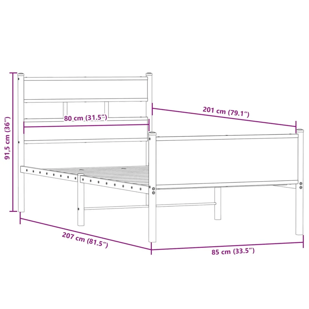 Letto singolo | Letto per adulti | Giroletto senza Materasso Rovere Fumo 80x200 cm in Truciolato - Image 9