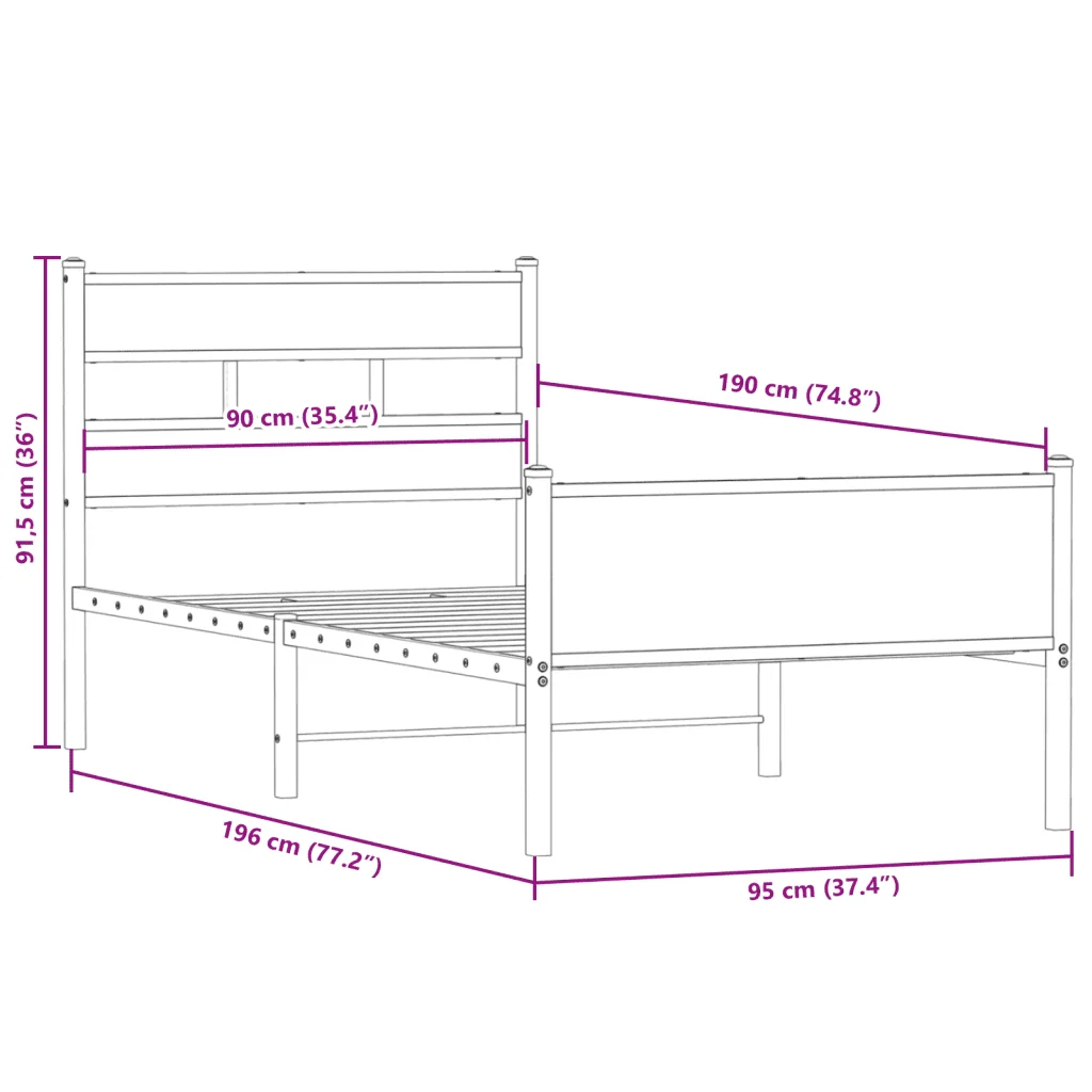 Letto singolo | Letto per adulti | Giroletto senza Materasso Rovere Fumo 90x190 cm in Truciolato - Image 9