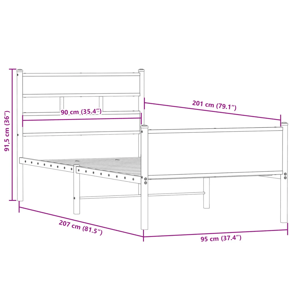 Letto singolo | Letto per adulti | Giroletto senza Materasso Rovere Fumo 90x200 cm in Truciolato - Image 9