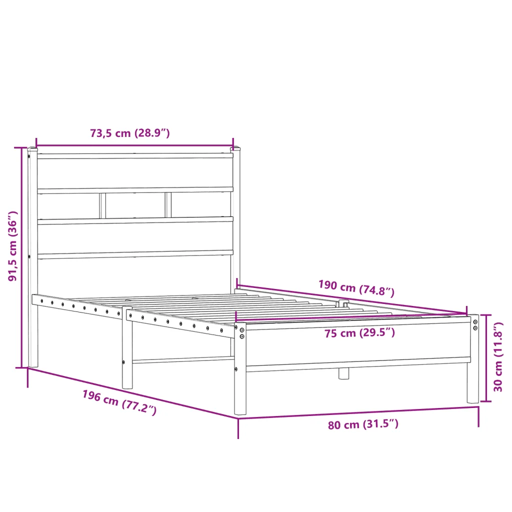 Letto singolo | Letto per adulti | Giroletto senza Materasso Rovere Sonoma 75x190 cm in Truciolato - Image 9