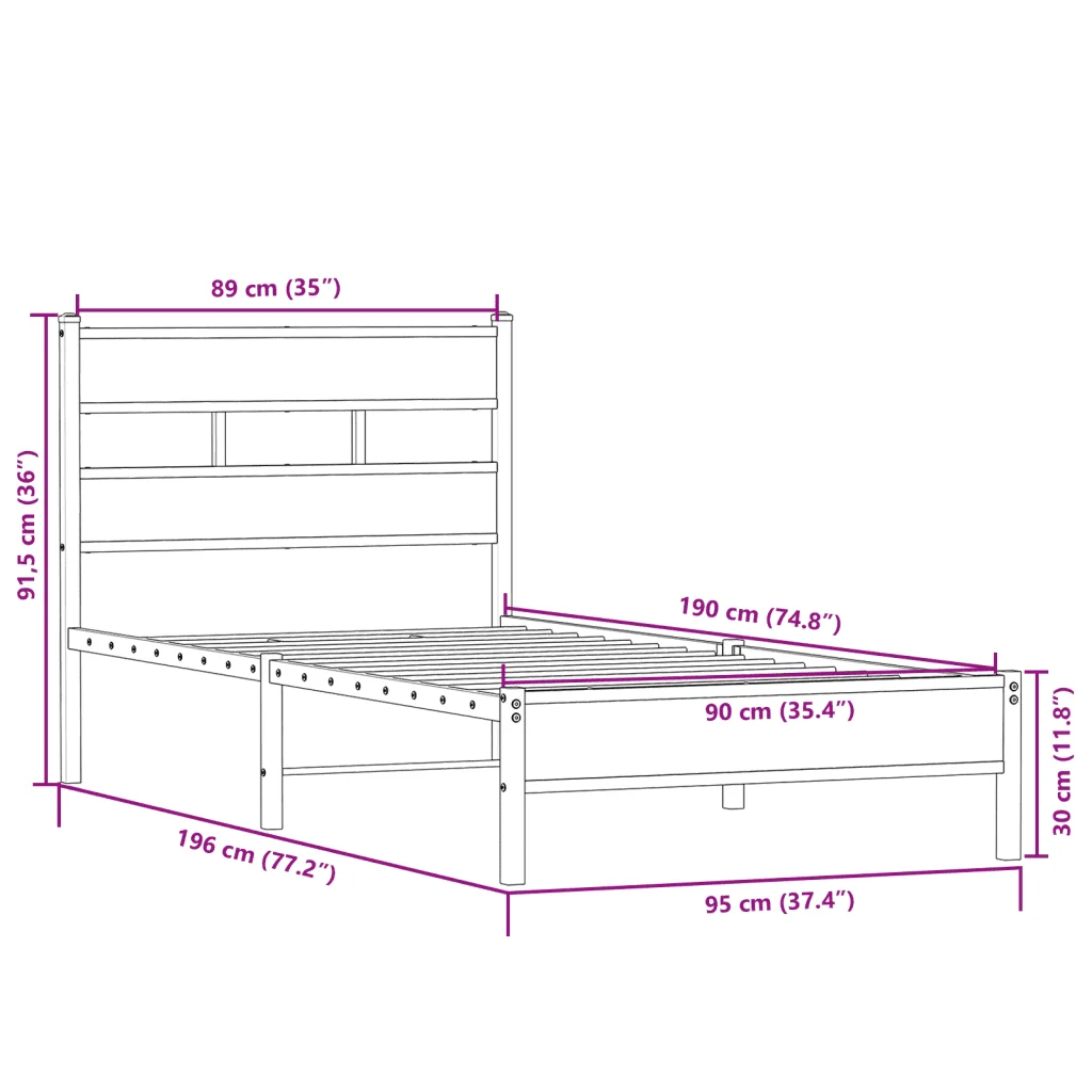 Letto singolo | Letto per adulti | Giroletto senza Materasso Rovere Sonoma 90x190 cm in Truciolato - Image 9