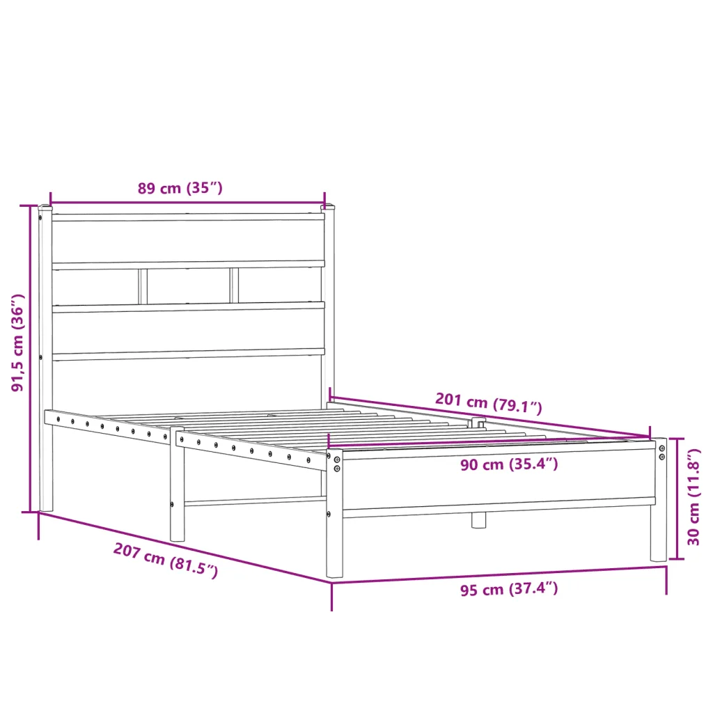 Letto singolo | Letto per adulti | Giroletto senza Materasso Rovere Sonoma 90x200 cm in Truciolato - Image 9