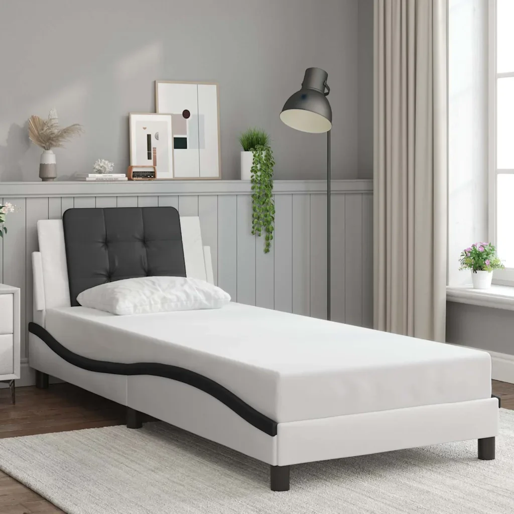 Letto singolo | Letto per adulti | Giroletto senza Materasso Zadar Bianco e Nero 90x200 cm in Similpelle - Image 2